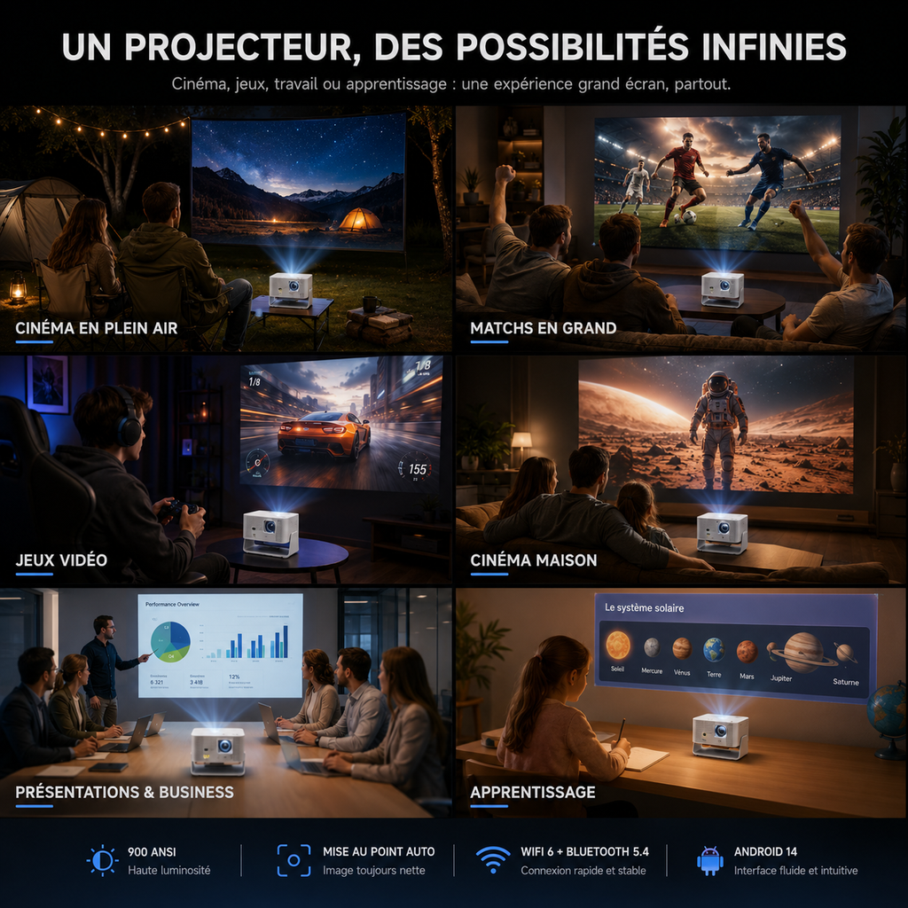 Vidéoprojecteur 4K Android 14 Auto Focus WiFi 6 Bluetooth 5.4 Home Cinéma Portable - HY350 Max
