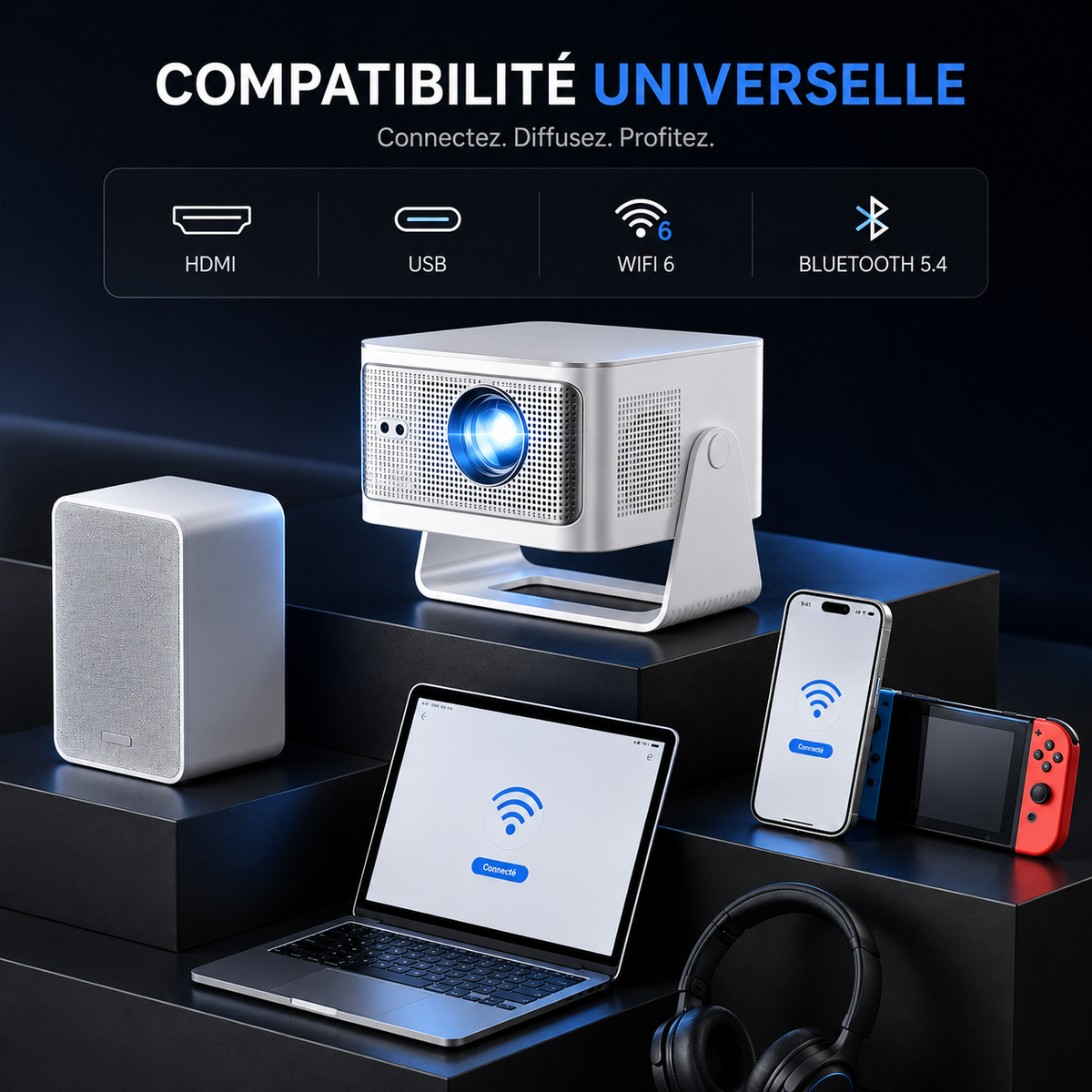 Vidéoprojecteur 4K Android 14 Auto Focus WiFi 6 Bluetooth 5.4 Home Cinéma Portable - HY350 Max