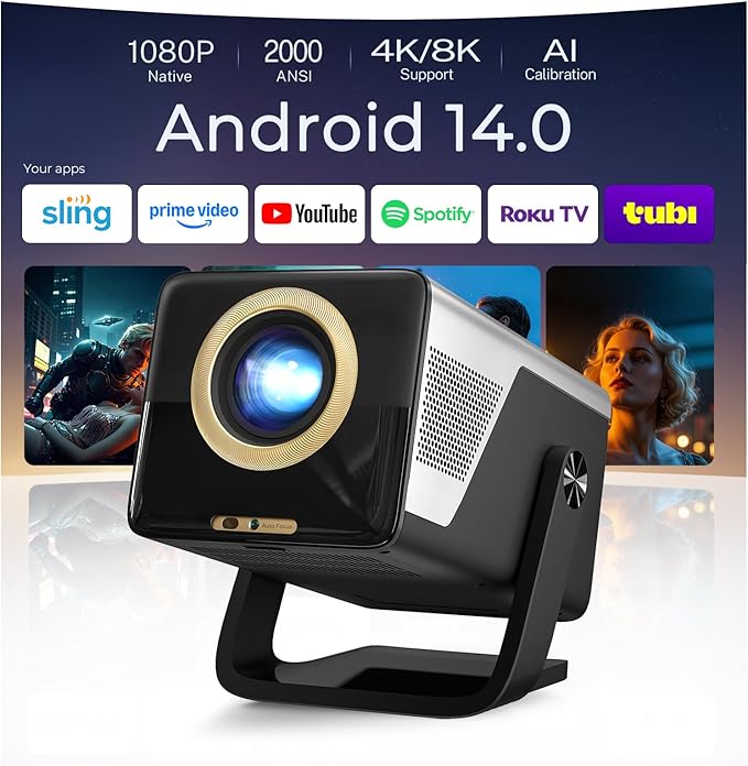 Video Projecteur Full HD 1080P 2000 ANSI – Android 14, WiFi 6, Bluetooth 5.4, Autofocus & Support 8K - X7