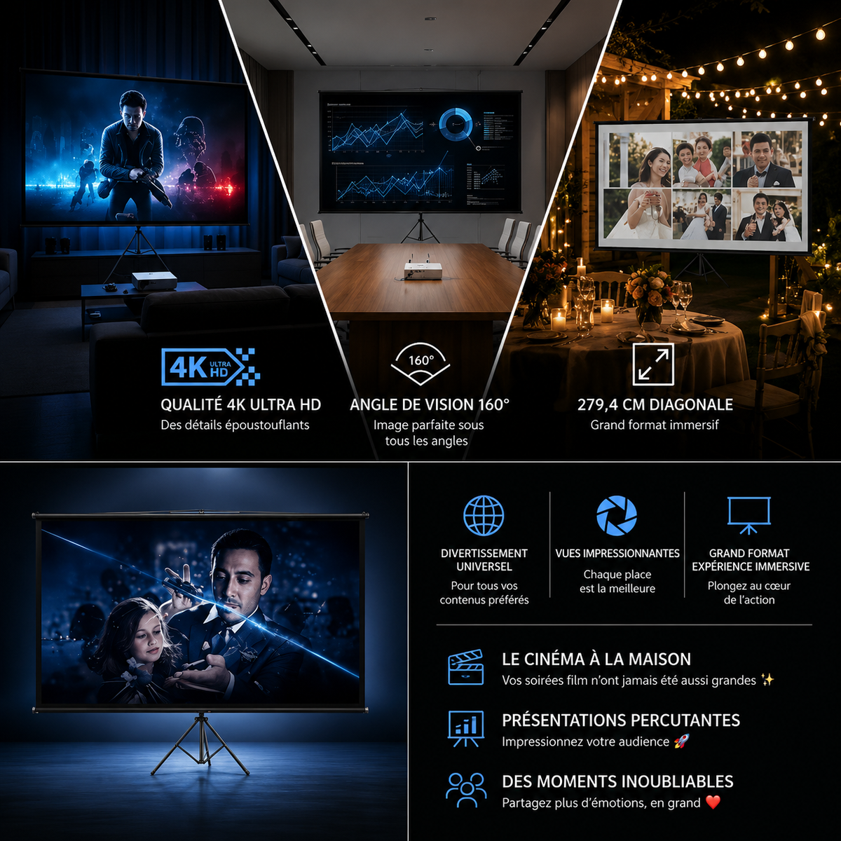 Écran Video projecteur sur Trépied 110” 16:9 Portable Intérieur Extérieur