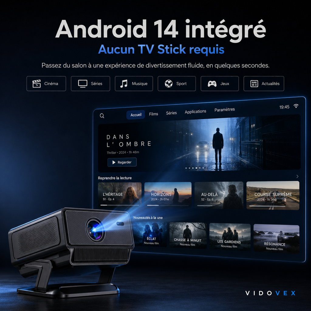 Video projecteur Android 14 1080p natif 8K/4K 1200 ANSI Wi-Fi 6 autofocus IA - VIDOVEX A8