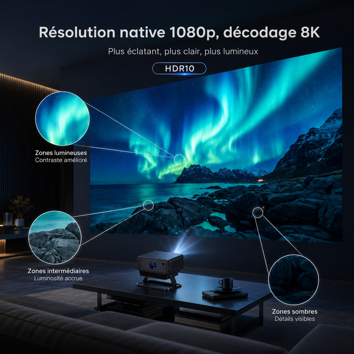 Video projecteur Android 14 1080p natif 8K/4K 1200 ANSI Wi-Fi 6 autofocus IA - VIDOVEX A8