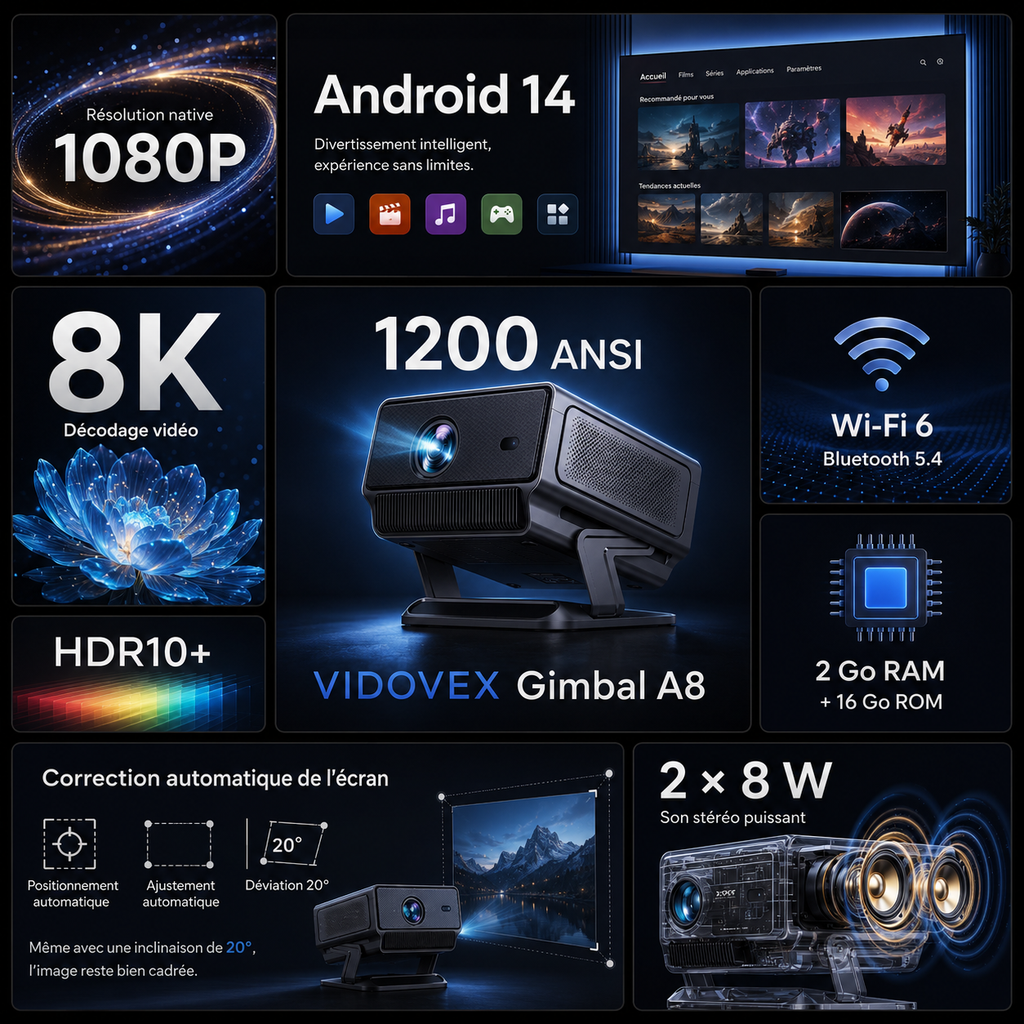 Video projecteur Android 14 1080p natif 8K/4K 1200 ANSI Wi-Fi 6 autofocus IA - VIDOVEX A8