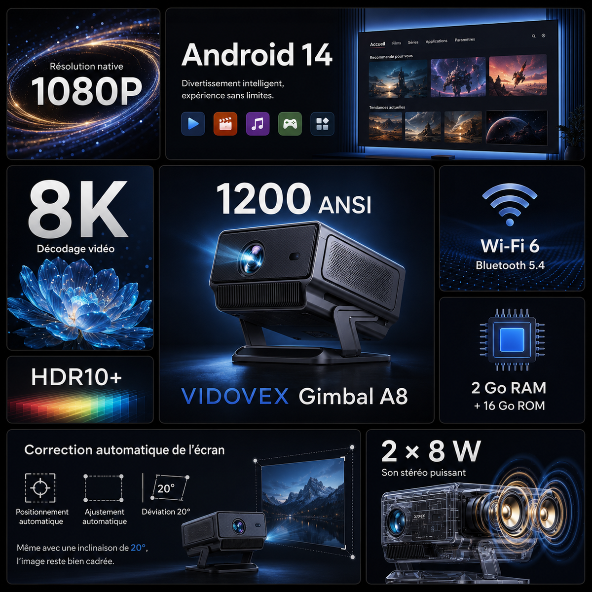 Video projecteur Android 14 1080p natif 8K/4K 1200 ANSI Wi-Fi 6 autofocus IA - VIDOVEX A8
