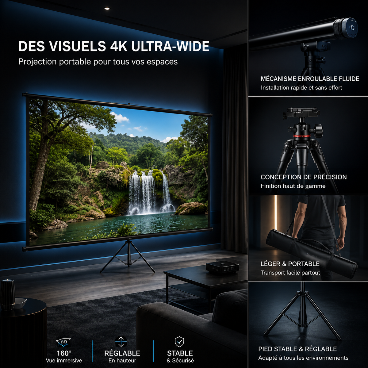 Écran Video projecteur sur Trépied 110” 16:9 Portable Intérieur Extérieur