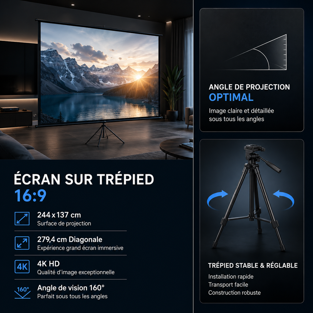 Écran Video projecteur sur Trépied 110” 16:9 Portable Intérieur Extérieur