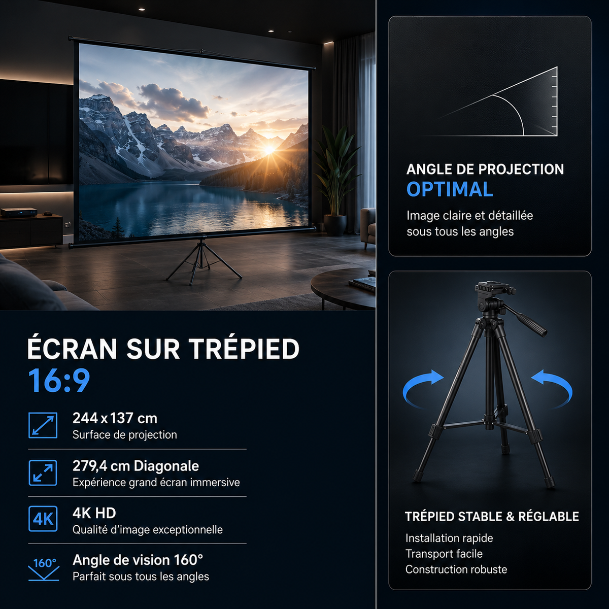 Écran Video projecteur sur Trépied 110” 16:9 Portable Intérieur Extérieur