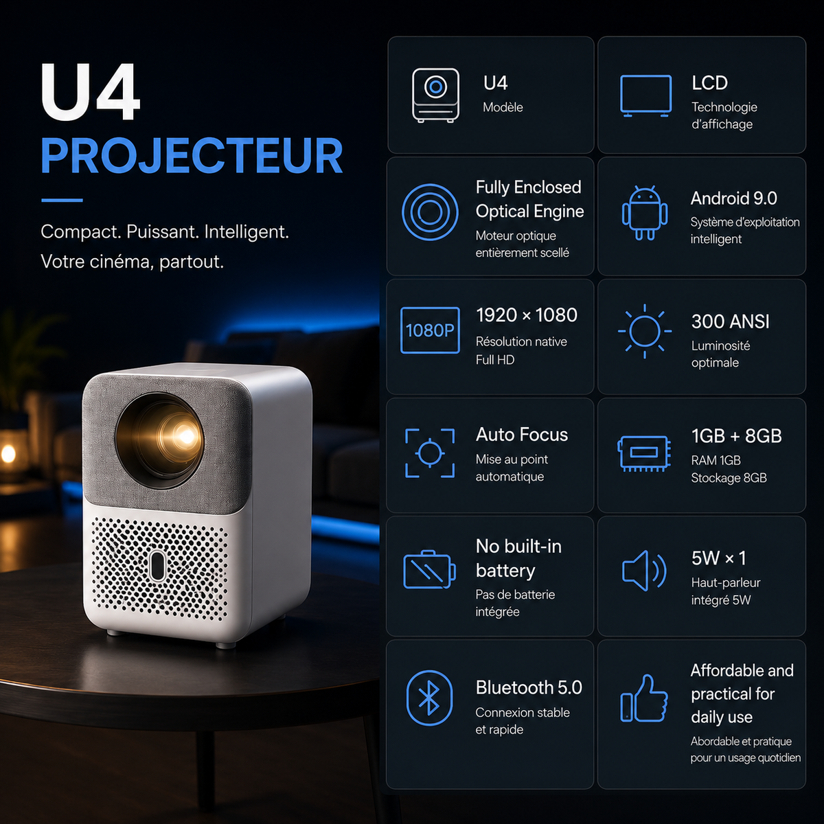 Vidéo projecteur Full HD 1080P WiFi 6, Auto Focus, Android 9.0, Bluetooth 5.0 - U4