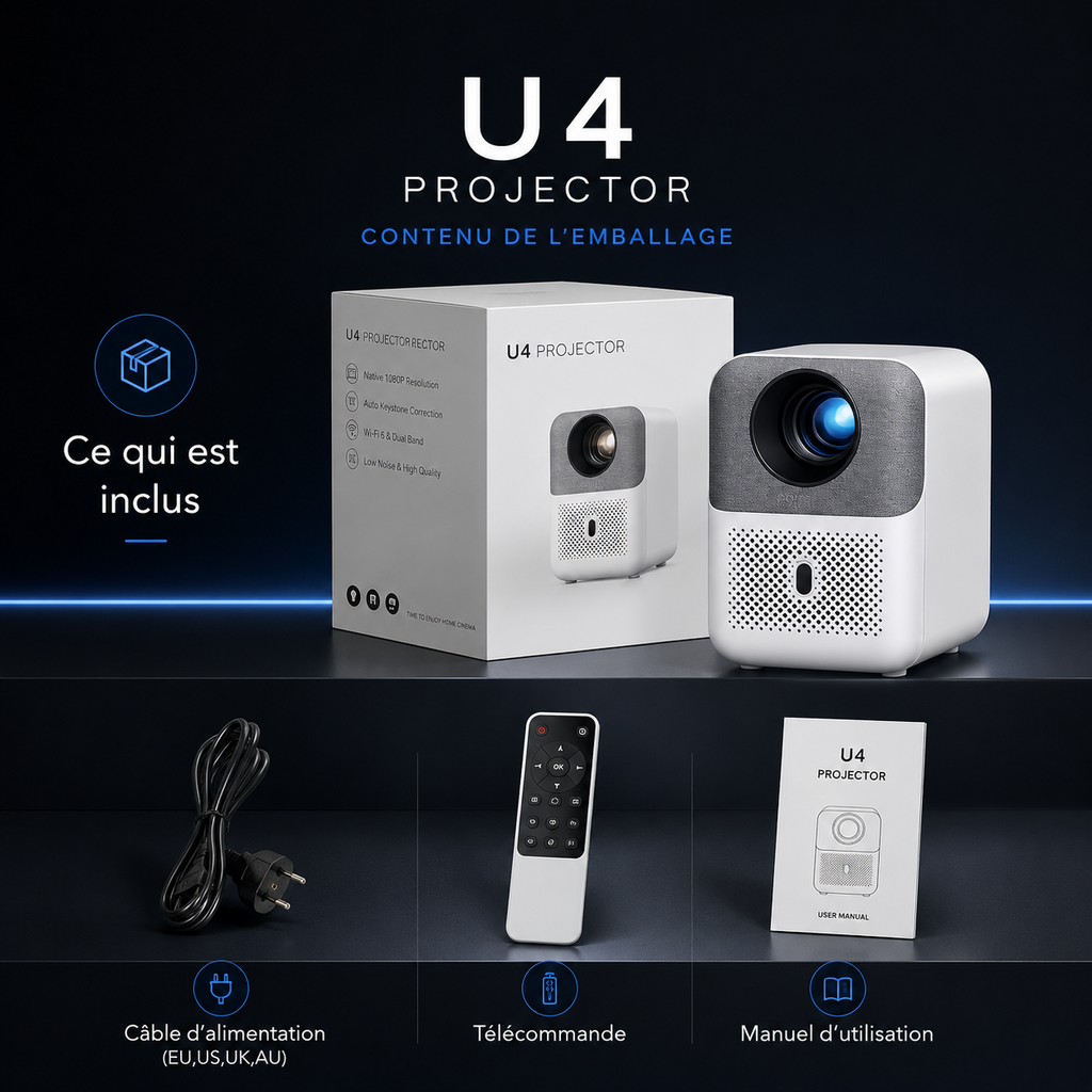 Vidéo projecteur Full HD 1080P WiFi 6, Auto Focus, Android 9.0, Bluetooth 5.0 - U4