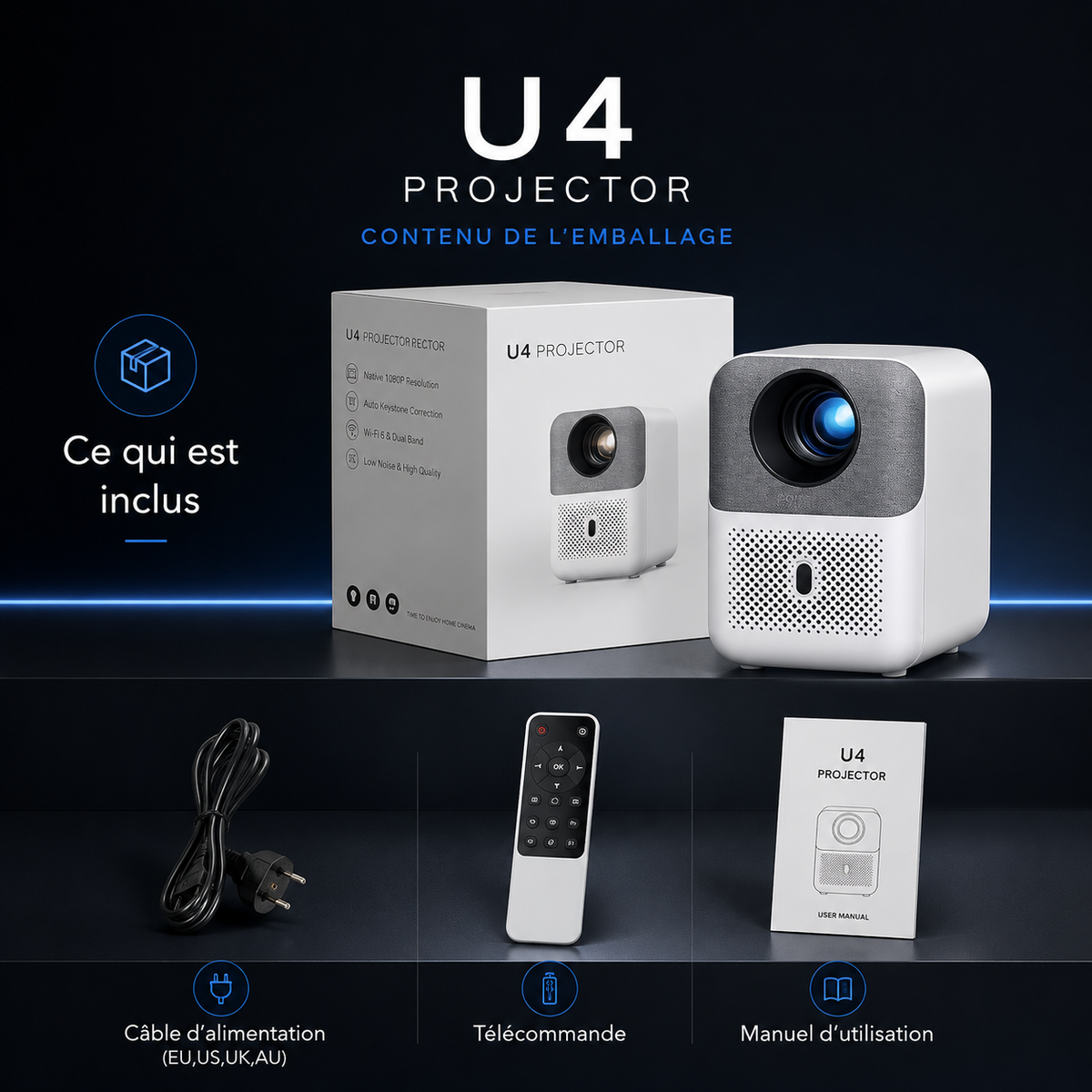 Vidéo projecteur Full HD 1080P WiFi 6, Auto Focus, Android 9.0, Bluetooth 5.0 - U4