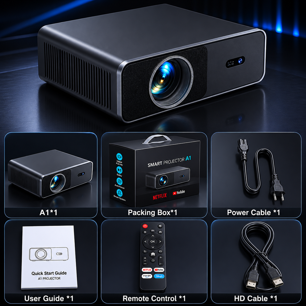 Vidéoprojecteur 4K Full HD 1080P – 1000 ANSI, Netflix Officiel, WiFi 6, Bluetooth 5.2, Auto Focus - A1