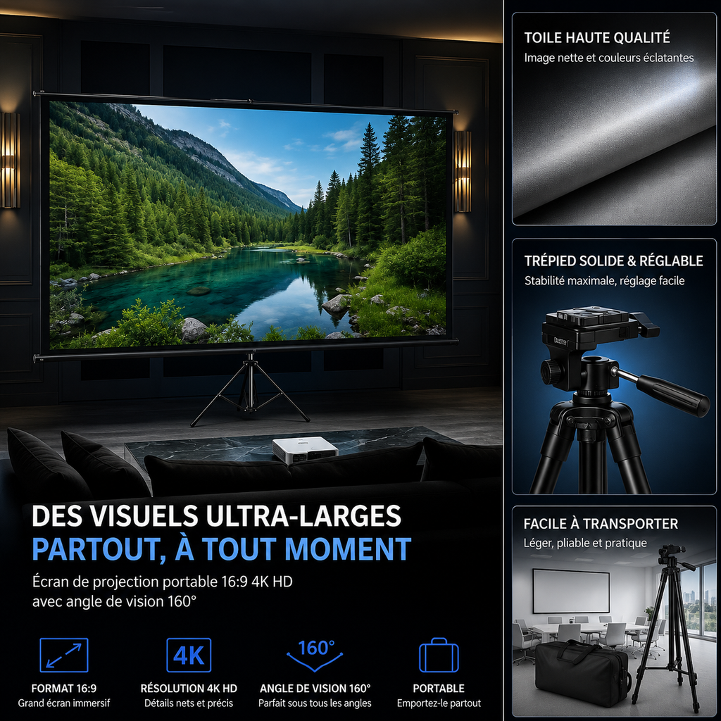 Écran Video projecteur sur Trépied 110” 16:9 Portable Intérieur Extérieur