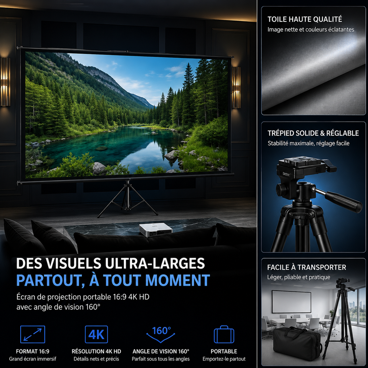 Écran Video projecteur sur Trépied 110” 16:9 Portable Intérieur Extérieur