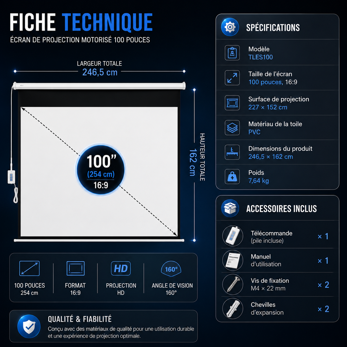 Écran de projection motorisé 100” 16:9 mural avec télécommande PVC HD – TLES100