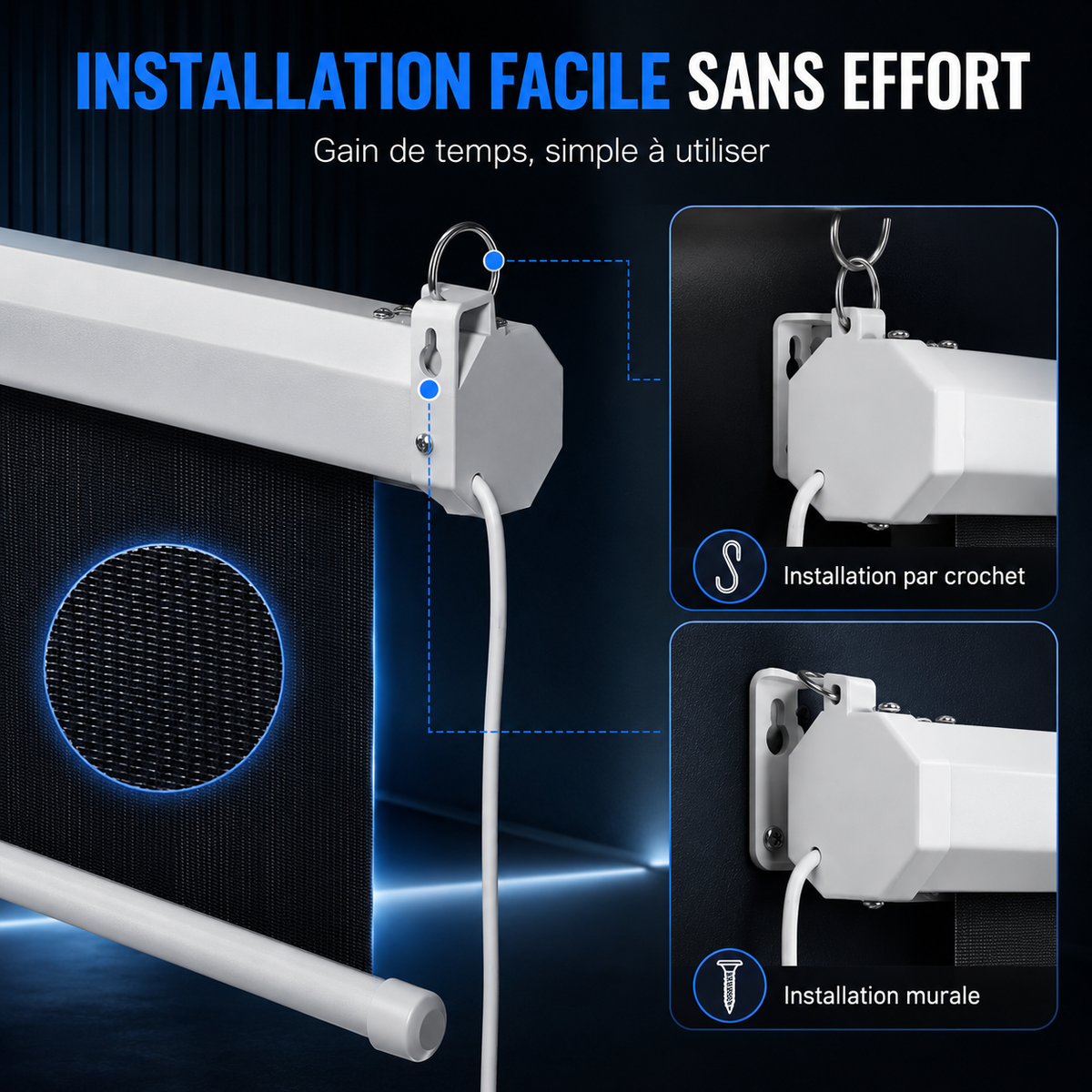 Écran de projection motorisé 100” 16:9 mural avec télécommande PVC HD – TLES100