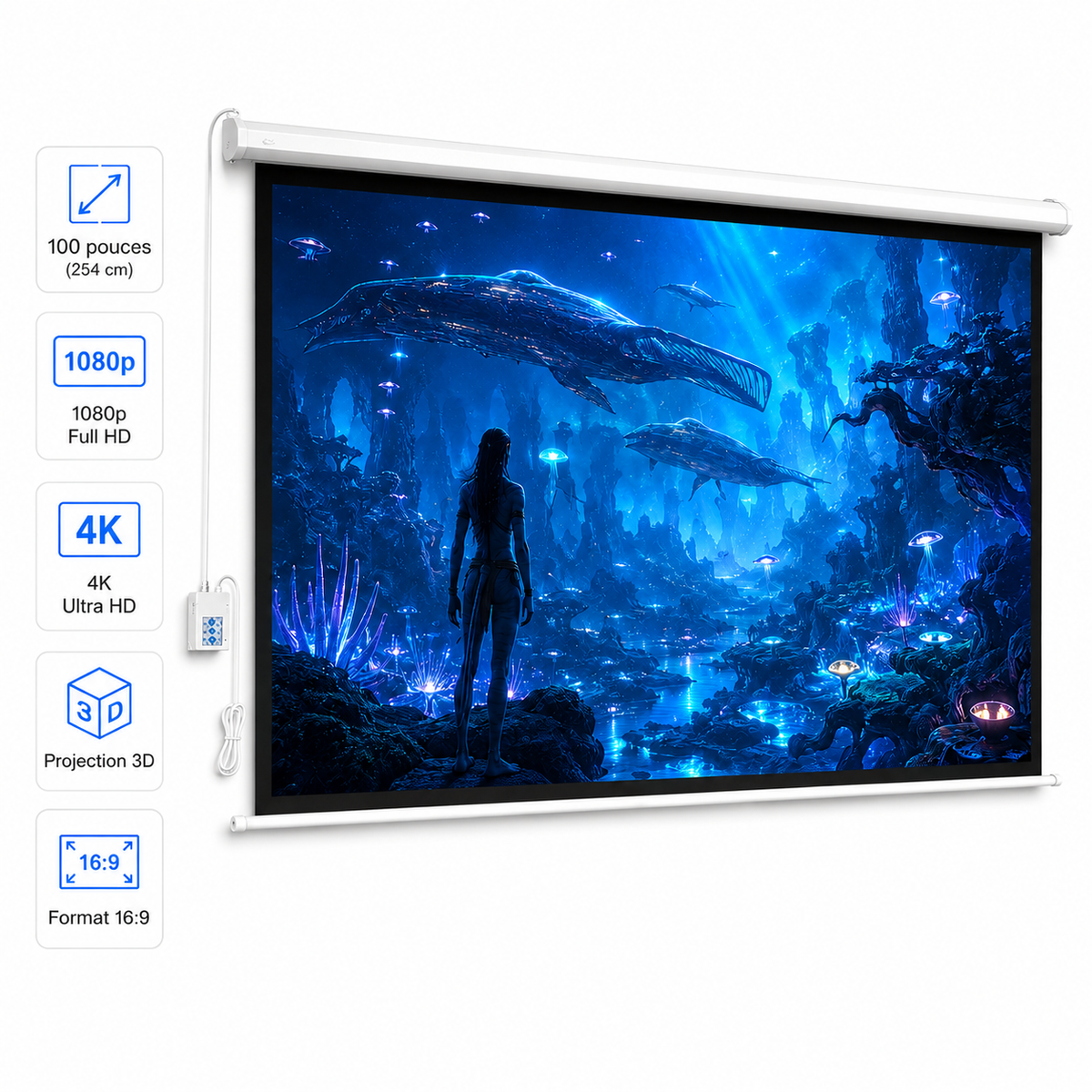 Écran de projection motorisé 100” 16:9 mural avec télécommande PVC HD – TLES100
