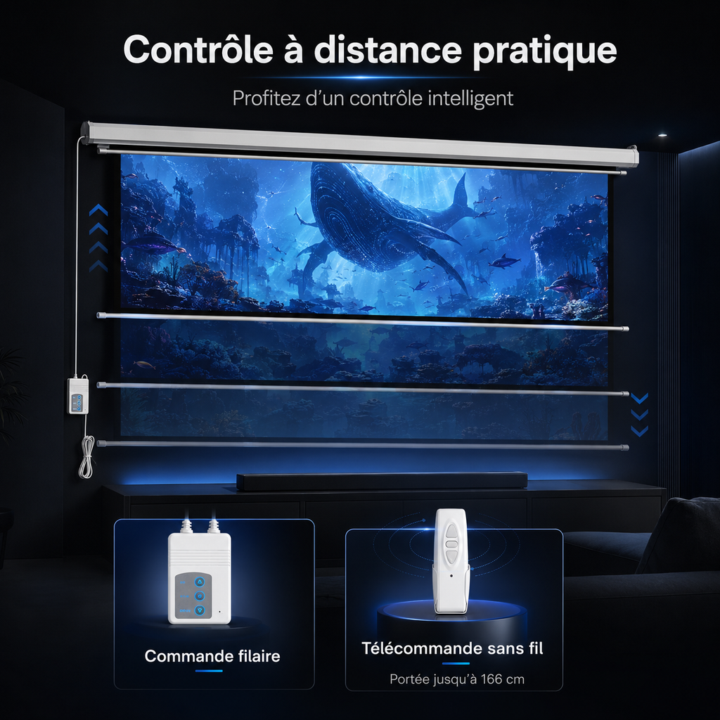 Écran de projection motorisé 100” 16:9 mural avec télécommande PVC HD – TLES100