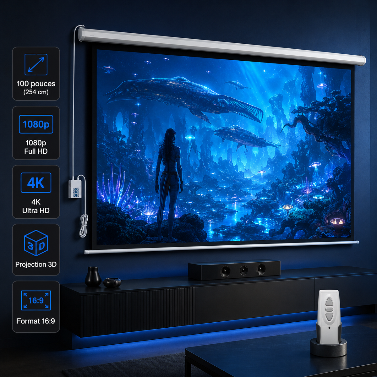 Écran de projection motorisé 100” 16:9 mural avec télécommande PVC HD – TLES100