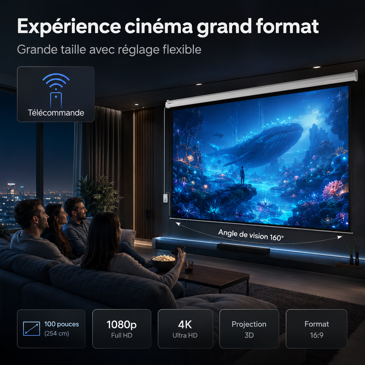 Écran de projection motorisé 100” 16:9 mural avec télécommande PVC HD – TLES100