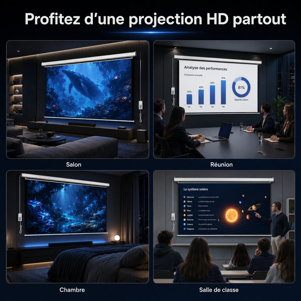 Écran de projection motorisé 100” 16:9 mural avec télécommande PVC HD – TLES100