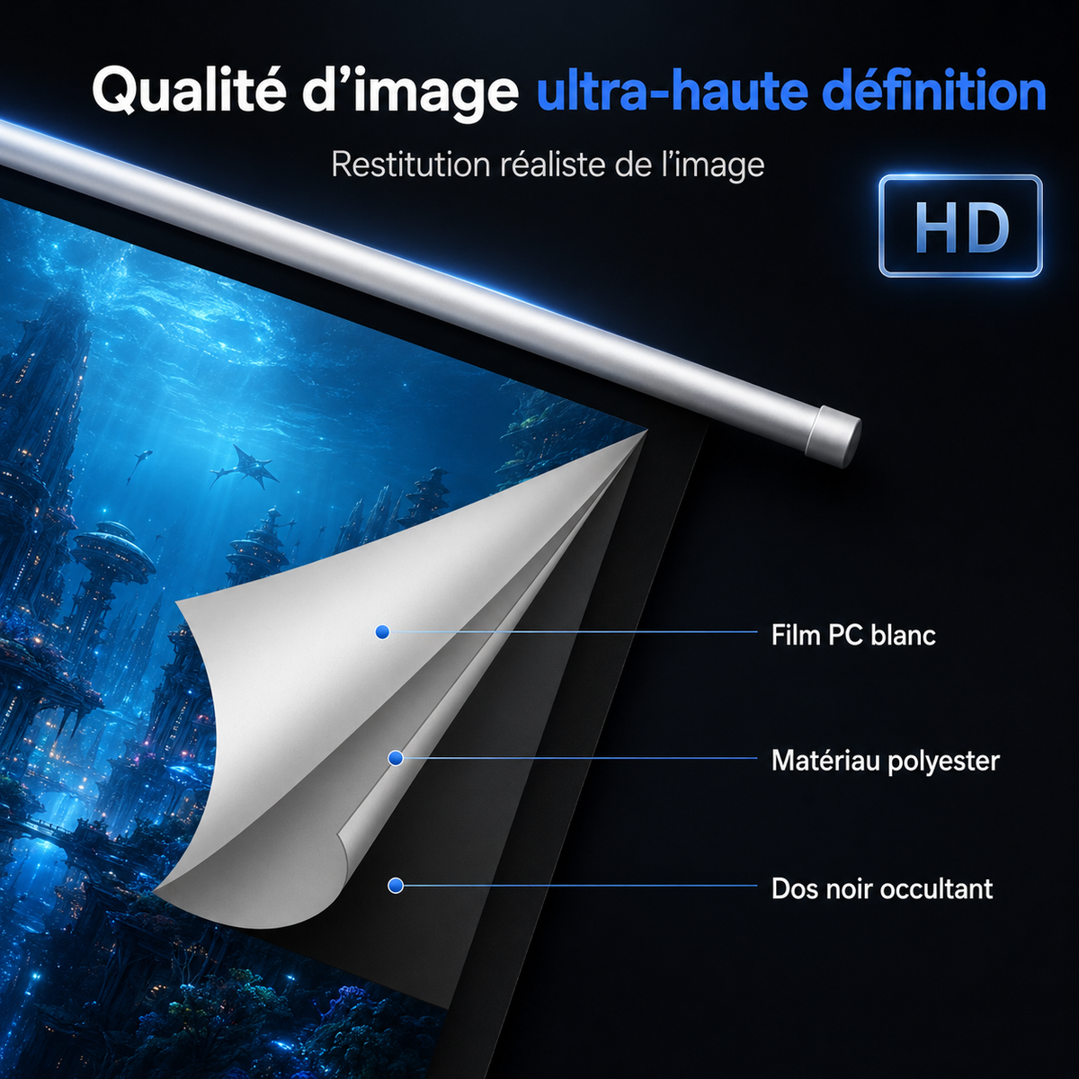 Écran de projection motorisé 100” 16:9 mural avec télécommande PVC HD – TLES100
