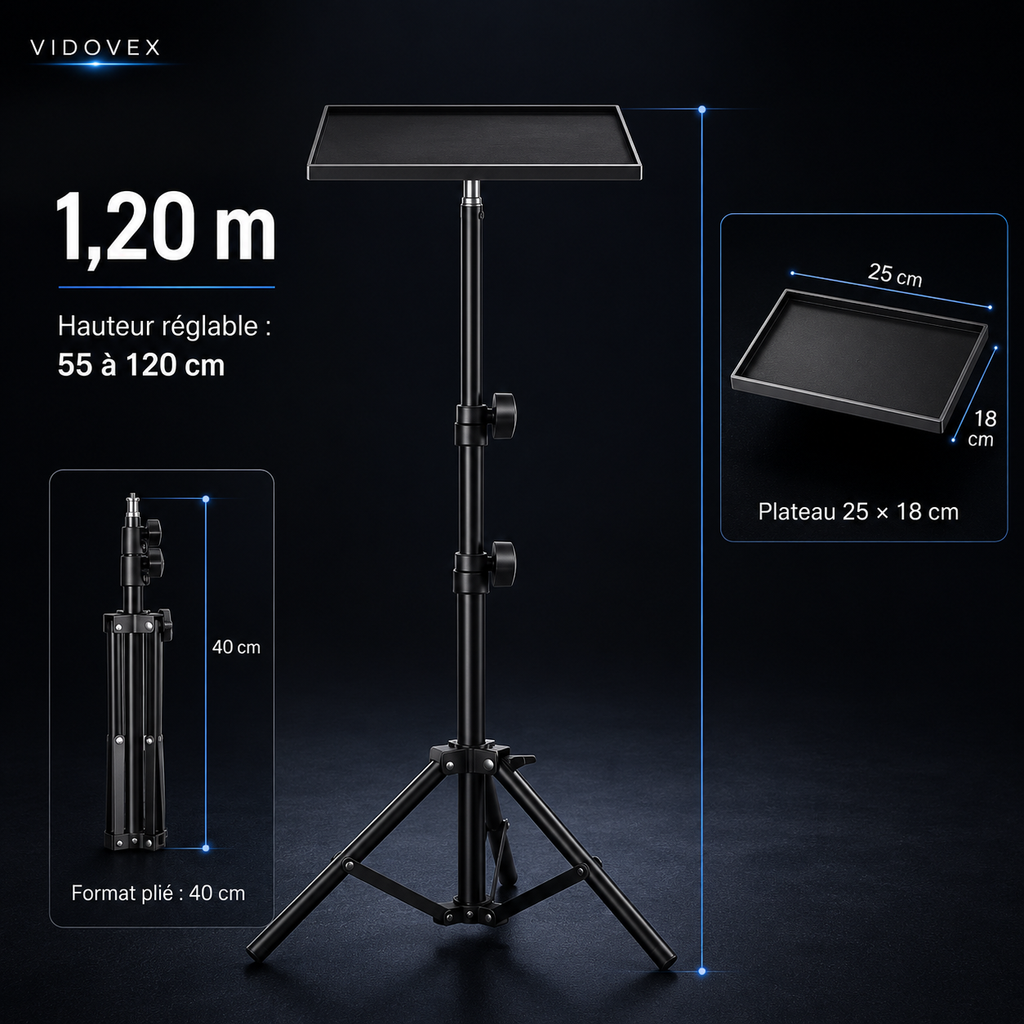 Support vidéoprojecteur réglable avec plateau antidérapant pour sol et bureau